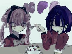 black_bow bow brother_and_sister cake closed_eyes food fork hair_bow holding holding_fork long_hair long_sleeves pink_eyes pink_hair purple_hair shirt siblings simple_background sweat sweatdrop the_hundred_line_-last_defense_academy- tsukumo_ima tsukumo_kako twins twintails upper_body white_background white_bow white_shirt