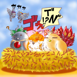 =_= ? aerial_battle anger_vein animal battle bird bow feathers female_focus fire fujiwara_no_mokou fujiwara_no_mokou_(phoenix) hair_bow hat himekaidou_hatate himekaidou_hatate_(crow) mystia_lorelei mystia_lorelei_(bird) nest no_humans nuemarudou o_o reiuji_utsuho reiuji_utsuho_(bird) shameimaru_aya shameimaru_aya_(crow) third_eye tokin_hat touhou wings