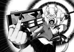 absurdres gachiakuta highres horns middle_finger monochrome multicolored_horns open_mouth pleated_skirt skirt soukaku_(zenless_zone_zero) teeth two-tone_horns wagon_(dwagon_sa) weapon wide-eyed zenless_zone_zero