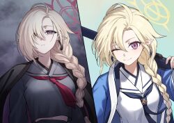 absurdres aoi_riko ayame_(blue_archive) blonde_hair blue_archive blue_haori braid grey_serafuku halo haori heterochromia highres japanese_clothes long_hair official_alternate_design official_alternate_eye_color official_alternate_halo_color one_eye_closed school_uniform serafuku single_braid upper_body white_serafuku yellow_halo