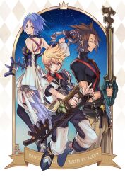 1girl 2boys aqua_(kingdom_hearts) armor bare_shoulders black_shirt black_thighhighs blonde_hair blue_eyes blue_hair breasts brown_hair chest_strap closed_eyes cowboy_shot detached_sleeves fingerless_gloves full_body gloves hair_between_eyes halterneck holding holding_weapon keyblade kingdom_hearts kingdom_hearts_birth_by_sleep long_sleeves looking_at_viewer looking_back medium_breasts medium_hair multiple_boys open_mouth parted_bangs shirt short_hair short_sleeves shoulder_armor spiked_hair swept_bangs terra_(kingdom_hearts) thighhighs tight_clothes tight_shirt turtleneck ventus_(kingdom_hearts) weapon yurichi_(artist)