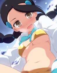 1girl :d bikini black_hair bow bowtie breath brown_eyes brown_skirt candice_(pokemon) collared_shirt commentary_request curakuru game_freak hair_ornament hairclip highres long_hair looking_at_viewer multi-tied_hair navel nintendo open_clothes open_mouth open_shirt pokemon pokemon_dppt shirt skirt smile solo swimsuit twintails white_shirt yellow_bikini