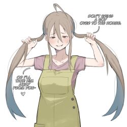1girl ahoge apron breasts do_it_yourself!! english_text grey_hair hair_between_eyes highres long_hair mature_female medium_breasts orange_eyes sidelocks sitting sweat twitter_username white_background yua_serufu&#039;s_mother zlix0n
