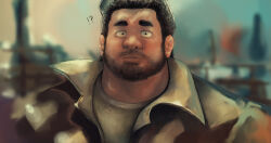 !? 1boy absurdres bara beard_stubble blurry blurry_background coat facial_hair fat fat_man highres koto_(32456033) looking_at_viewer male_focus mature_male mustache_stubble original portrait sanpaku short_hair solo straight_hair stubble surprised thick_neck ugly_bastard wide-eyed wind