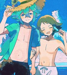 Rule 34 | 2boys, adjusting clothes, adjusting headwear, arm up, blue flower, blush, brown hair, closed eyes, closed mouth, cloud, collarbone, collared shirt, cowboy shot, curled fingers, drawstring, film grain, flower, food, green eyes, green hair, groin, hair between eyes, hat, hilbert (pokemon), holding, holding food, holding popsicle, locked arms, male focus, male swimwear, multiple boys, n (pokemon), navel, nintendo, ocean, open clothes, open mouth, open shirt, pectorals, pokemon, pokemon bw, popsicle, shirt, short hair, short sleeves, sky, smile, straw hat, summer, sun hat, sunflower, swim trunks, tongue, topless male, yellow flower, zero (sleepy meltan)