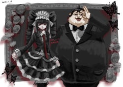 Rule 34 | 1boy, 1girl, 8chan yo, ahoge, alternate costume, black hair, black jacket, black skirt, black suit, black thighhighs, celestia ludenberg, collared shirt, cowboy shot, danganronpa: trigger happy havoc, danganronpa (series), drill hair, fat, fat man, formal clothes, glasses, headdress, jacket, layered skirt, necktie, red necktie, round eyewear, shirt, short hair, skirt, suit, thighhighs, twin drills, twintails, white shirt, yamada hifumi