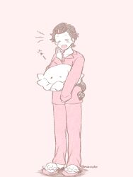Rule 34 | 1girl, animal slippers, blush, classicaloid, closed eyes, full body, hair ornament, hairclip, holding, holding stuffed toy, long sleeves, monochrome, moroi (moroiohs), otowa kanae, pajamas, pink background, pink theme, short hair, signature, simple background, sleepy, slippers, solo, standing, stuffed animal, stuffed toy, yawning
