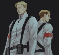 2boys armband back-to-back black_background blonde_hair cheekbones highres holster jacket kogu_(nue_insideout) long_sleeves looking_at_another looking_at_viewer looking_back male_focus multiple_boys parted_lips porco_galliard red_armband reiner_braun shingeki_no_kyojin shirt short_hair sideburns simple_background sparse_stubble white_jacket white_shirt