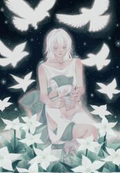 Rule 34 | 2girls, age comparison, bird, black background, closed mouth, commentary, dove, dress, dual persona, eyelashes, flower, green headwear, highres, long hair, multiple girls, nier, nier (series), sleeping, sleeveless, sleeveless dress, smile, tsushima touko, white dress, white flower, white hair, yonah