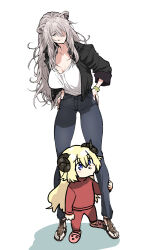 2girls aged_down alternate_costume animal_ear_piercing animal_ears black_jacket blonde_hair breasts brown_sandals cleavage closed_mouth collarbone commentary crocs denim fang full_body grey_eyes grey_hair grey_pants hair_between_eyes hair_over_one_eye hands_on_own_hips henriiku_(ahemaru) highres hololive jacket jeans large_breasts light_smile lion_ears long_bangs long_hair multiple_girls open_clothes open_jacket pants pink_shoes purple_eyes red_pants red_shirt sandals sheep_ears sheep_girl shirt shirt_tucked_in shishiro_botan shoes simple_background skinny_jeans standing tsunomaki_watame virtual_youtuber white_background white_shirt wristband
