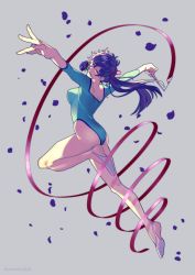 1girl aqua_leotard ass athletic_leotard bare_legs breasts closed_mouth floating_hair flower flower_in_mouth foreshortening full_body grey_background gymnast_leotard gymnastics ribbon_baton hair_ribbon half-soles highleg highleg_leotard highres jumping kunou_kodachi leg_up leotard long_hair long_sleeves looking_at_viewer outstretched_arms petals pink_ribbon purple_flower purple_hair purple_rose ranma_1/2 red_ribbon rhythmic_gymnastics ribbon rose rose_petals side_ponytail simple_background solo spiral spread_arms white_footwear yamako_(state_of_children)
