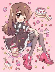 1girl 2000s_(style) black_skirt black_thighhighs blush brown_eyes brown_hair cake commentary commission cupcake emirichu_(character) english_commentary food fork fruit highres holding indie_virtual_youtuber knife long_hair looking_at_viewer macaron oceaninspace open_mouth overall_skirt pastry pink_shoes plate shirt shoes skirt smile solo strawberry striped_clothes swiss_roll thighhighs virtual_youtuber