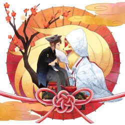 Rule 34 | 1boy, black hakama, black haori, brendan (pokemon), bridal veil, bride, cherry blossoms, cloud, folding fan, gen 1 pokemon, groom, hakama, hand fan, haori, highres, holding, holding fan, japanese clothes, kettle, kimono, ninetales, nintendo, oil-paper umbrella, paper fan, pokemon, pokemon oras, pom pom (clothes), shiromuku, uchikake, umbrella, veil, wedding, yukin (es)