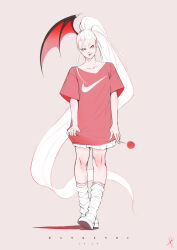 Rule 34 | 1girl, bat wings, candy, dan kendi, english text, facing viewer, food, highres, logo, lollipop, long hair, looking at viewer, nike (company), original, oversized clothes, oversized shirt, pink background, pink shirt, ponytail, red eyes, shirt, shoes, signature, simple background, skirt, smirk, socks, standing, very long hair, white hair, white shoes, white skirt, white socks, wings
