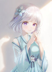 1girl bare_shoulders blush breasts closed_mouth commentary copyright_request detached_sleeves flower flower_knot hair_flower hair_ornament highres interlocked_fingers japanese_clothes kimono long_sleeves looking_at_viewer medium_breasts own_hands_together prana_(prana12) purple_eyes short_hair silver_hair smile solo symbol-only_commentary upper_body white_flower wide_sleeves
