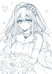 Rule 34 | 1girl, alternate costume, bouquet, breasts, bridal veil, bride, bug, butterfly, dress, flower, highres, insect, jewelry, kantai collection, lineart, long hair, medium breasts, monochrome, nagi kantai114, necklace, one side up, saratoga (kancolle), smile, solo, strapless, strapless dress, upper body, veil, wedding dress