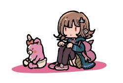 1girl black_thighhighs bow brown_eyes brown_hair brown_skirt closed_mouth danganronpa_(series) danganronpa_2:_goodbye_despair diaper ear_bow flipped_hair highres jacket medium_hair monomi_(danganronpa) nanami_chiaki neck_ribbon open_clothes open_jacket pink_bag pink_ribbon pink_shoes ribbon shoes simple_background sitting skirt spaceship_hair_ornament thighhighs white_background youko-shima
