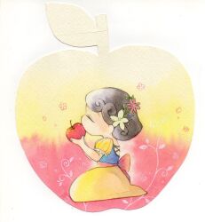 1girl apple azkrock black_hair blue_dress blue_flower blue_shirt closed_eyes commentary_request disney dress eating flower flower_wreath food frilled_sleeves frills fruit full_body hair_bun hand_up highres kneeling painting_(medium) plant puffy_short_sleeves puffy_sleeves red_flower red_sash sash shirt short_sleeves skirt snow_white_(fairy_tale) snow_white_(fairy_tale_character) solo traditional_media two-tone_dress watercolor_(medium) white_flower yellow_dress yellow_skirt