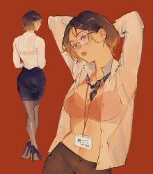 Rule 34 | 1girl, amo (amo 0514), arms behind head, arms up, ass, black shoes, black skirt, bra, bra visible through clothes, breasts, brown eyes, brown hair, brown pantyhose, chinese commentary, cleavage, collarbone, collared shirt, commentary request, crossed ankles, earrings, glasses, hair behind ear, head tilt, high heels, highres, id card, jewelry, lanyard, lips, long sleeves, looking at viewer, loose necktie, medium breasts, multiple views, navel, necktie, office lady, open clothes, open shirt, original, pantyhose, parted bangs, parted lips, pearl earrings, pencil skirt, pink bra, red background, see-through clothes, see-through shirt, shirt, shoes, short hair, short necktie, sideways glance, simple background, skirt, standing, stomach, striped necktie, turning head, underwear, white shirt