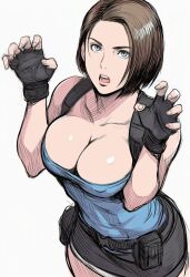 Rule 34 | 1girl, bare shoulders, black gloves, black skirt, blue eyes, blue shirt, breasts, brown hair, claw pose, cleavage, collarbone, cowboy shot, fingerless gloves, gloves, highres, jaydamon, jill valentine, large breasts, miniskirt, open mouth, resident evil, resident evil 3: nemesis, shirt, short hair, skirt, solo, strapless, suspenders, tube top, white background