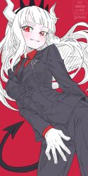 1girl black_necktie blazer blush breasts collared_shirt demon_girl demon_horns demon_tail dutch_angle gloves grey_pants helltaker highres horns jacket long_hair looking_at_viewer lucifer_(helltaker) necktie one_side_up pants red_background red_eyes red_shirt shirt small_breasts solo standing tail very_long_hair white_gloves white_hair xel4