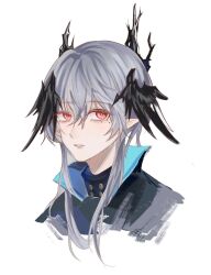 1boy arknights chinese_commentary commentary_request cropped_shoulders grey_hair hair_between_eyes hatching_(texture) highres linear_hatching logos_(arknights) looking_at_viewer male_focus medium_hair mole mole_under_eye open_mouth pink_eyes pointy_ears simple_background solo white_background yuanyuan_(jiujie560)