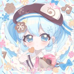 1girl blue_eyes blue_hair blush brown_hat collared_shirt cookie_hair_ornament donut double-parted_bangs food food-themed_hair_ornament grid_background hair_ornament hand_up hat hatsune_miku highres long_hair long_sleeves looking_at_viewer musical_note necktie parted_lips pink_necktie portrait shirt solo twintails vocaloid white_background white_shirt yezhi yuki_miku yuki_miku_(2026)