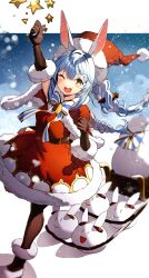 1girl :d absurdres alternate_costume animal_ears arm_up bell blue_hair blush bow bowtie braid brown_eyes brown_gloves brown_pantyhose capelet carrot_hair_ornament clenched_hands commentary_request dress dutch_angle elbow_gloves food-themed_hair_ornament fur-trimmed_capelet fur-trimmed_dress fur-trimmed_gloves fur-trimmed_headwear fur_trim gloves hair_ornament haruhina_purple hat highres hololive long_hair multicolored_hair neck_bell one_eye_closed open_mouth pantyhose pekomon_(usada_pekora) pom_pom_(clothes) rabbit-shaped_pupils rabbit_ears rabbit_girl red_capelet red_dress sack santa_costume santa_dress santa_hat sleigh smile snowing solo symbol-shaped_pupils twin_braids two-tone_hair usada_pekora virtual_youtuber white_hair