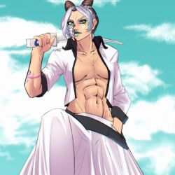 abs absurdres artigor breasts cosplay grimmjow_jaegerjaquez highres jojo_no_kimyou_na_bouken joyl kuujou_jolyne muscular muscular_female open_clothes open_shirt stone_ocean white_hair