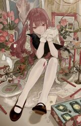 Rule 34 | 1girl, absurdres, bird, black shoes, bottle, candle, candlestand, closed mouth, commentary, crow, curtains, envelope, floral print, floral print skirt, flower, frilled skirt, frills, gloves, green skirt, hair ornament, highres, jewelry, long hair, looking at viewer, mary janes, necklace, original, own hands together, painting (object), pantyhose, pearl necklace, perfume bottle, picture frame, print skirt, puffy short sleeves, puffy sleeves, red eyes, red flower, red hair, red rose, ring, rose, senri (rnd 024), shirt, shoes, short sleeves, sitting, skirt, smug, solo, stuffed animal, stuffed toy, teddy bear, tulip, vase, very long hair, white gloves, white pantyhose, white shirt