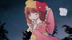 Rule 34 | 1girl, arch bishop (ragnarok online), blue sky, breasts, brown eyes, brown hair, closed mouth, commentary request, cowboy shot, cross, dress, frilled dress, frilled sleeves, frills, ghost, hat, long hair, medium breasts, motion blur, official alternate costume, one eye closed, outdoors, pink dress, pochiko (poteko), ragnarok online, red hat, sheet ghost, sky, solo, star (sky), starry sky, tree, two-tone dress, two-tone hat, whisper (ragnarok online), white dress, wind, yellow hat