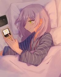 1girl crying crying_with_eyes_open digital_media_player glasses green_eyes grey_hair hair_ornament heaven_burns_red highres hospital_gown izumi_yuki_(heaven_burns_red) long_hair pillow solo tears tkeo3