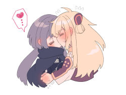 Rule 34 | 2girls, ahoge, black cape, black jacket, blonde hair, blush, cape, closed eyes, commentary request, ear blush, emptyayya, flying sweatdrops, grey hair, heart, highres, jacket, long hair, multiple girls, simple background, sky striker ace - raye, sky striker ace - roze, spoken heart, sweat, white background, white jacket, yu-gi-oh!, yuri