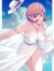 1girl alternate_costume armlet armpit_crease bare_legs bare_shoulders blue_sky blurry blurry_background border breasts brown_eyes brown_hair cleavage closed_mouth cloud cloudy_sky collarbone corner50777313 dress earrings feet_out_of_frame flipped_hair hat hat_ribbon highres jewelry large_breasts looking_at_viewer mixed-language_commentary necklace outside_border pearl_earrings persona persona_3 pink_ribbon ribbon short_hair signature sky smile solo sparkle sundress swept_bangs takeba_yukari thighs unworn_hat unworn_headwear white_border white_dress white_hat