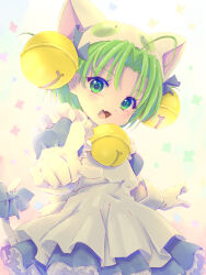 1girl :d ahoge animal_hat apron bell blue_bow blue_dress blue_ribbon bow cat_girl cat_hat cat_tail commentary_request dejiko di_gi_charat dress fang frilled_apron frills gloves green_eyes green_hair hair_bell hair_ornament hair_ribbon hat highres jingle_bell looking_at_viewer makkiusagi neck_bell open_mouth parted_bangs petticoat pointing pointing_at_viewer puffy_short_sleeves puffy_sleeves ribbon short_hair short_sleeves smile solo tail tail_bow tail_ornament white_apron white_gloves white_hat