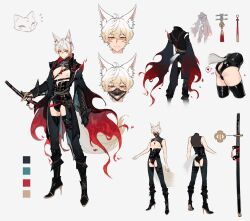 Rule 34 | 1boy, animal ear fluff, animal ears, anwianwi, ass, ass cutout, back, bell, black boots, blonde hair, boots, clothing cutout, commentary, detached sleeves, dress, english commentary, fox boy, fox ears, fox tail, full body, gloves, gradient clothes, gradient hair, high heel boots, high heels, highres, indie virtual youtuber, jingle bell, katana, male focus, mask, moko (gloriaaaaaa), multicolored hair, nipples, reference sheet, scabbard, sheath, sleeveless, sleeveless dress, sword, tail, thigh boots, thigh cutout, weapon, white hair, yellow eyes