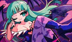 1girl animal_print artist_name bare_shoulders bat_print bat_wings black_leotard blue_boots boots darkstalkers goma_yammy green_eyes green_hair head_wings high_heel_boots high_heels highres leotard low_wings morrigan_aensland one_eye_closed pantyhose purple_pantyhose smile solo strapless strapless_leotard watermark wings