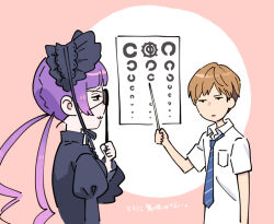 Rule 34 | 1boy, 1girl, :3, bags under eyes, black dress, black eyes, blue necktie, brown hair, closed mouth, collared shirt, covering one eye, dead days, dress, eye chart, gothic lolita, hairband, half-closed eyes, holding, holding pointer, ito fumi, jitome, kuresaka teru, landolt c, lolita fashion, lolita hairband, long hair, looking at another, low twintails, necktie, occluder, pink background, pointer, purple hair, samehada kiruru, shirt, short hair, short sleeves, squinting, translation request, twintails, upper body, vision test