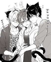 3boys ace_trappola animal_ears animal_print blush cat_boy cat_ears cat_tail closed_eyes closed_mouth collarbone commentary_request crew_neck deuce_spade double-parted_bangs dual_persona fingernails greyscale hair_between_eyes heart highres hood hood_down hooded_jacket hug jacket kemonomimi_mode leopard_print male_focus mofu_twst monochrome multiple_boys open_clothes open_jacket popped_collar shirt short_hair simple_background smile speech_bubble tail tail_wrap thought_bubble translation_request twisted_wonderland white_background yaoi