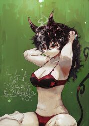 1girl animal_ears black_hair bra breasts cigarette cleavage curly_hair expressionless long_hair medium_breasts navel orange_eyes panties rekiyomi sibanoue1561 sitting solo tagme tail underwear yomi_(rekiyomi)