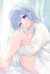 1girl bare_legs barefoot blush breasts cleavage collarbone collared_shirt commentary_request emori_miku highres kano_hito liver_city long_hair long_sleeves looking_at_viewer on_bed one_eye_closed open_clothes open_mouth open_shirt pink_hair purple_eyes shirt smile solo virtual_youtuber white_shirt