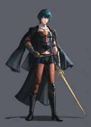 1boy black_boots black_cape black_shorts blue_eyes bodice boots brown_pantyhose bustier cape closed_mouth clothing_cutout cosplay crossdressing dagger female_byleth_(fire_emblem) female_byleth_(fire_emblem)_(cosplay) fire_emblem fire_emblem:_three_houses full_body green_hair grey_background hair_between_eyes hand_on_own_hip high_heel_boots high_heels holding holding_sword holding_weapon knee_boots knife looking_at_viewer male_byleth_(fire_emblem) male_focus navel_cutout nintendo pantyhose pantyhose_under_shorts patterned_legwear print_pantyhose self_cosplay shadow short_hair shorts simple_background solo standing sword sword_of_the_creator vetsa weapon