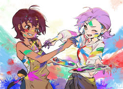 2girls amity_blight apron black_nails brown_apron brown_hair highres kuma20151225 luz_noceda multicolored_hair multiple_girls nail_polish one_eye_closed paint paint_on_clothes paint_splatter paint_splatter_on_face paintbrush pointy_ears purple_hair shirt sleeveless the_owl_house two-tone_hair upper_body white_shirt yuri