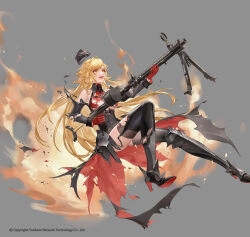 1girl :d armor_boots black_hat black_thighhighs blonde_hair boots breasts chongning copyright_notice detached_sleeves drum_magazine dual_drum_magazine floating full_body garrison_cap girls&#039;_frontline gloves grey_background grey_skirt grey_sleeves gun hat high-waist_skirt highres holding holding_gun holding_weapon long_hair looking_ahead machine_gun magazine_(weapon) medium_breasts mg15 mg15_(girls&#039;_frontline) official_art open_mouth orange_eyes red_gloves red_shirt shirt skirt sleeveless sleeveless_shirt smile solo tachi-e thigh_boots thighhighs torn_boots torn_clothes torn_shirt torn_sleeves torn_thighhighs underboob weapon