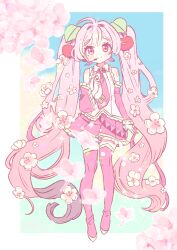 Rule 34 | 1girl, boots, border, cherry blossoms, cherry hair ornament, closed mouth, collared shirt, detached sleeves, flower, food-themed hair ornament, hair flower, hair ornament, hareeangkki, hatsune miku, headset, long hair, necktie, pink boots, pink hair, pleated skirt, sakura miku, shirt, skirt, smile, solo, thigh boots, tie clip, twintails, very long hair, vocaloid, white border