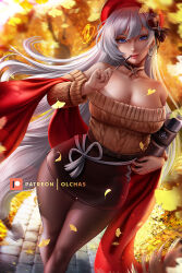 1girl autumn_leaves azur_lane belfast_(azur_lane) belfast_(shopping_with_the_head_maid)_(azur_lane) breasts coat grey_hair hat large_breasts leaf long_hair olchas pantyhose pen scarf skirt sweater tagme white_hair