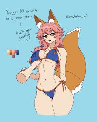 1girl animal_ear_fluff animal_ears bikini blue_background blue_bikini breasts brown_eyes cleavage color_guide cowboy_shot disembodied_hand english_text fate_(series) fox_ears fox_girl fox_tail groping hand_under_clothes large_breasts long_hair looking_to_the_side low-tied_long_hair nevtelen open_mouth orange_trim pink_hair sideboob sidelocks simple_background solo swimsuit tail tamamo_(fate) tamamo_no_mae_(swimsuit_lancer)_(fate) teeth tongue twitter_username underboob upper_teeth_only watermark