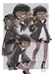1girl artist_name bike_shorts black_hair black_jacket black_shoes black_shorts blonde_hair border colored_tongue dark-skinned_female dark_skin ear_piercing eyebrow_cut gradient_hair grey_background hair_behind_ear highres hood hood_down hooded_jacket inkling inkling_girl inkling_player_character jacket long_pointy_ears long_sleeves multicolored_hair multiple_views nintendo open_clothes open_jacket open_mouth pabuk5w piercing pointy_ears ribbed_sweater sharp_teeth shoes short_hair shorts sneakers splatoon_(series) sweater teeth tentacle_hair torn_clothes torn_sweater turtleneck turtleneck_sweater watermark white_border white_sweater yellow_eyes yellow_tongue