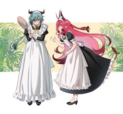 Rule 34 | + +, 1boy, 1girl, alternate costume, apron, aqua hair, arknights, avi (baltika seven), back bow, black eyes, black horns, blush, bow, bowtie, collared dress, demon horns, demon tail, dress, duster, embarrassed, enmaided, excited, expressive hair, floral background, frilled apron, frilled dress, frilled headwear, frills, from side, hand up, hands up, hashtag-only commentary, high heels, highres, holding, holding duster, horns, juliet sleeves, key hair ornament, leaning forward, long dress, long hair, long sleeves, looking at another, looking down, maid, maid apron, maid day, maid headdress, mitm (arknights), mole, mole under mouth, nymph, nymph (arknights), pointy ears, profile, puffy short sleeves, puffy sleeves, red hair, red tail, short sleeves, straight-on, tail, tail raised, tail under clothes, thumbs up, upright ahoge, very long hair, white background, white bow, white sleeve cuffs, yellow bow, yellow bowtie