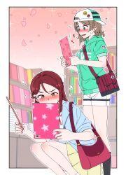 2girls absurdres backwards_hat bad_id bad_twitter_id bag barcode baseball_cap blue_eyes blue_jacket blush book bookshelf bookstore breasts bright_pupils brown_hair concentrating falling_petals feet_out_of_frame floral_print flustered flying_sweatdrops green_jacket hat head_steam heart highres holding holding_book hood hood_down hooded_jacket indoors jacket looking_at_object love_live! love_live!_sunshine!! manga_(object) multiple_girls open_mouth outline petals pleated_skirt red_bag red_hair rlqns9995 sakurauchi_riko shop short_hair short_shorts shorts shoulder_bag skirt small_sweatdrop sparkle squatting standing steam v-shaped_eyebrows watanabe_you white_outline white_pupils white_shorts wide-eyed yellow_eyes yellow_skirt